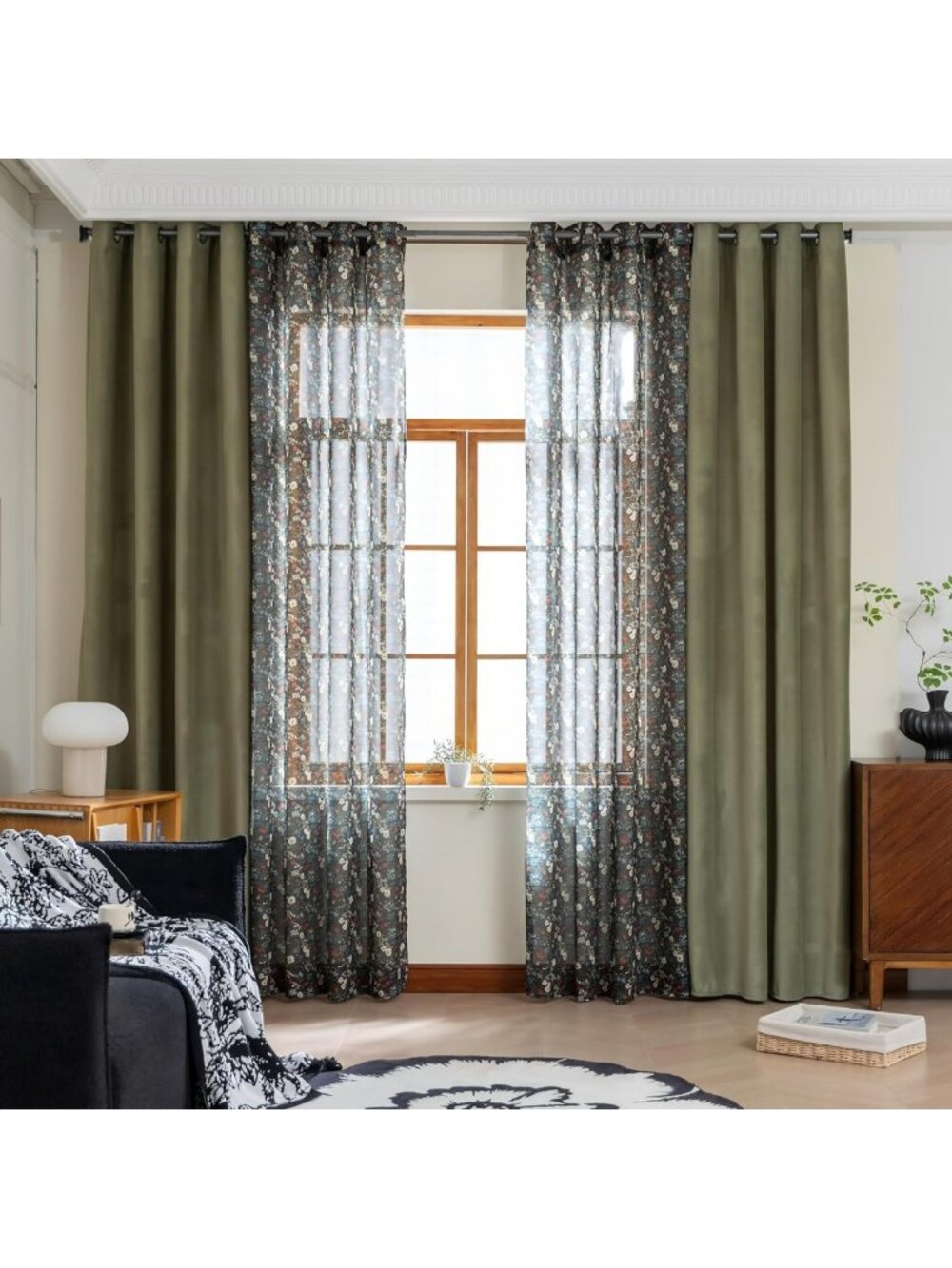 Floral & Velvet Mix Curtains Set - 4 Panels Grommet Drapes for Living